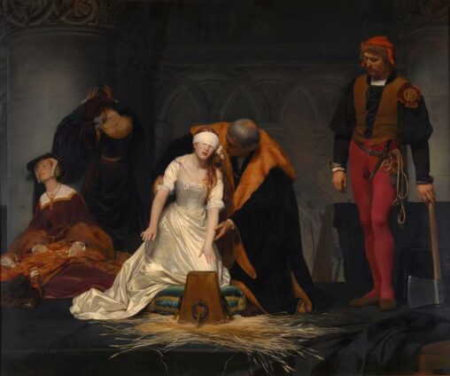 Blindfolded Lady Jane Grey reaching for the execution block before her execution