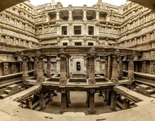Interior view of Rani ki Vav stepwell showing symmetrical stone terraces and descending levels.