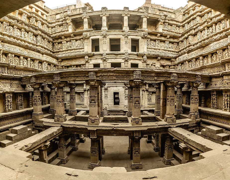 Interior view of Rani ki Vav stepwell showing symmetrical stone terraces and descending levels.
