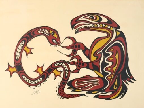 Two stylized animal figures outlined in black with red, yellow, and white patterns, facing each other on a plain background.
