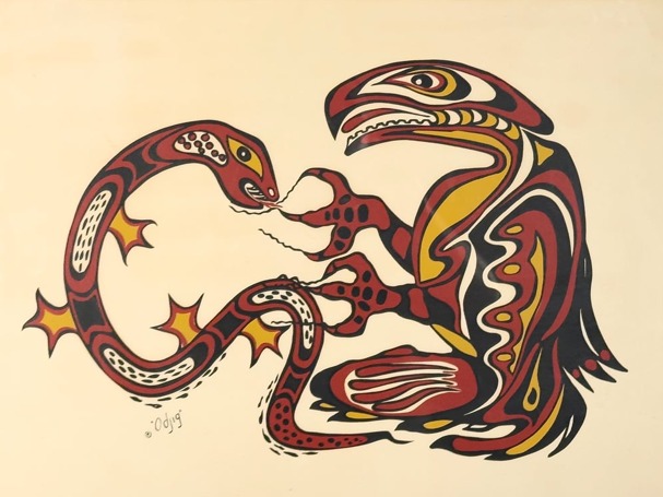 Two stylized animal figures outlined in black with red, yellow, and white patterns, facing each other on a plain background.
