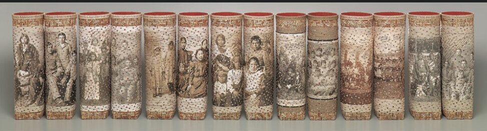 Shan Goshorn’s “Resisting the Mission; Filling the Silence” baskets show Native children who were taken from their families to attend the Carlisle Indian Industrial School in Pennsylvania.